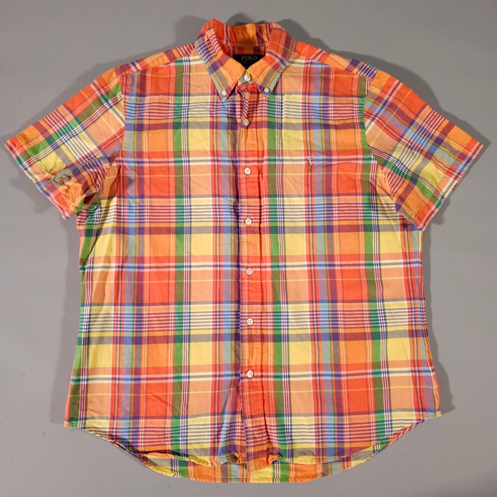 Polo Ralph Lauren Button Down Mens Large Orange Multi-Color Plaid Short Sleeve